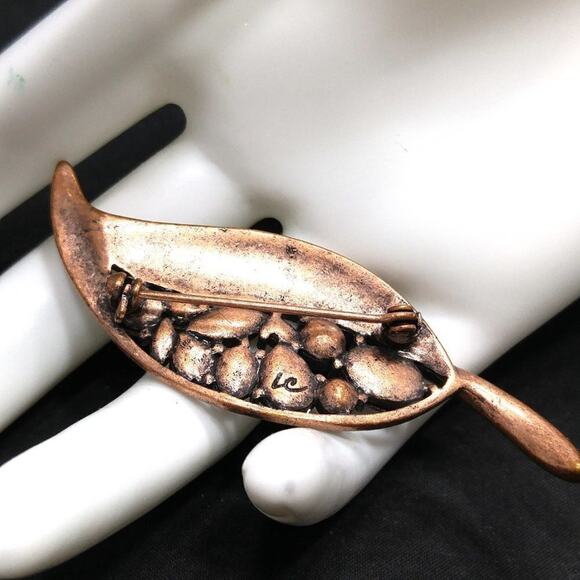 Vintage Liz Claiborne Leaf Rhinestone Brooch, Red Rhinestones, Copper, 2 7/8" - Picture 3 of 8